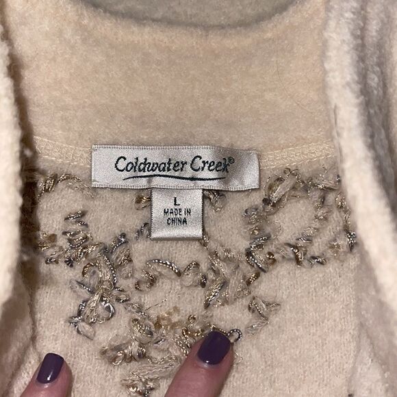 ColdWater Creek- Women’s Cream Boiled Wool Winter Nordic Embroidered Cardigan, L - Picture 3 of 7